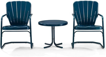 Crosley Furniture Ridgeland 3-Piece Outdoor Chair and Side Table Set, Retro Metal Bistro Patio Sets for Deck, Navy