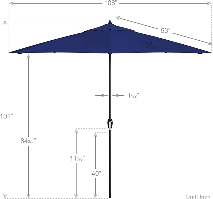 California Umbrella 9' Rd Aluminum Patio Umbrella, Crank Lift, Auto Tilt, Black Finish, Sunbrella True Blue