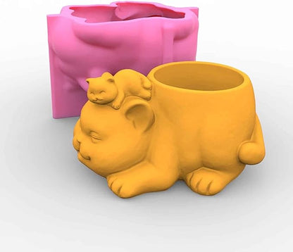 Grainrain Cat Concrete Plant Mold Planter Silicone Mould Cylinder Resin Mold for DIY Crafts Succulent Flower Pots Jewelry Trinkets Candle Holder Organizer (C174)