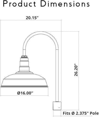 Steel Lighting Co. Gardena Barn Light | Outdoor Pole Top Mounted | 16" Dome | Upslope Gooseneck with Slip Fitter for 2-3/8" Standard Poles | Made in America | Matte Black Exterior/White Interior