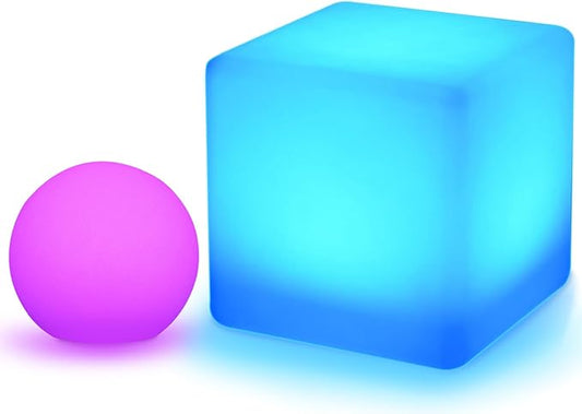 Mr.Go 10-inch LED Ball Light and 16-inch LED Cube Light Bundle, Rechargeable, Remote Control, Dimmable 16 RGB Colors 4 Modes, Waterproof, Great as Night Light Mood Lamp Ambient Lighting Decorations