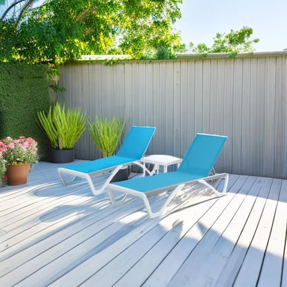 Kozyard 3-Piece Outdoor Chaise Lounge Chair Set, Fully Flat Adjustable Patio Lounger with Aluminum Frame & Resin Legs, Textilene Fabric for Poolside, Backyard & Beach (Aqua, 2 Chairs + Table)