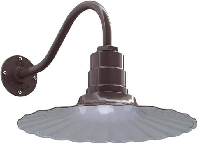 Steel Lighting Co. Highland Park Barn Light | Outdoor Wall Mounted | 16 inch Radial Wave | 16 inch Gooseneck | Vintage Style Made in America | Dark Bronze Exterior/White Interior