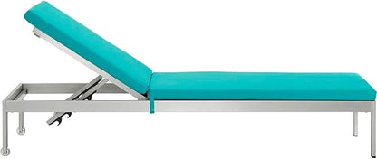 Modway Shore Aluminum Outdoor Patio Two Poolside Chaise Lounge Chairs with Cushions and Side End Table in Silver Turquoise