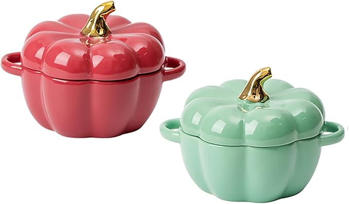 Pumpkin Bowl Set with Lid and Handle, Set of 2 Ceramic Ramekins for Baking, Casserole Dish Individual Severing Pot, Stoneware, Oven Safe, 14 Oz (Red and Green)