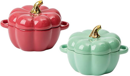 Pumpkin Bowl Set with Lid and Handle, Set of 2 Ceramic Ramekins for Baking, Casserole Dish Individual Severing Pot, Stoneware, Oven Safe, 14 Oz (Red and Green)