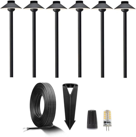 Gardenreet Brass Low Voltage Black Path Lighting Kit (6 Pack Path Lights) with 100 Feet Cable and 30Pack Wire Connectors for Outdoor Pathway House Garden Patio Without Transformer