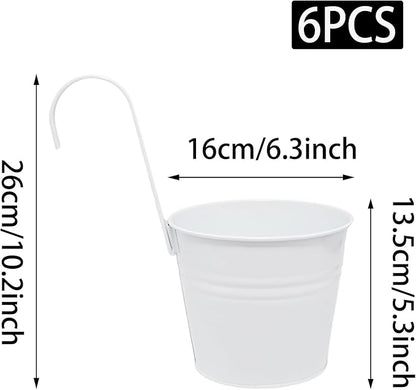 6 Pcs Hanging Flower Pots with Detachable Hooks,Metal Iron Bucket Planter for Railing,Fence,Balcony Garden Decor,6INCH,White