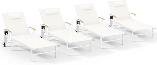 Ciokea Outdoor Lounge Chair with Pillow Set of 4, 5-Position Chaise Lounge with Wheels & Armrests, 400 lbs Heavy Duty Aluminum Pool Lounge Chairs, for Beach, Deck, Poolside & Backyard, White