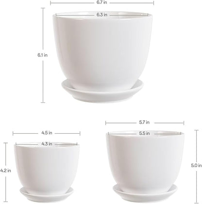 White Ceramic Plant Pots,Set of 3 Indoor Flower Pot with Saucers Small to Medium Sized Planters for Plants,Round Modern Garden Pots(White)