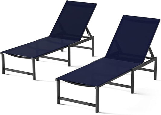 Chaise Lounge Chair Outdoor,Aluminum Patio Lounge Chairs Set of 2,Pool Lounge Chairs with 5 Adjustable Backrest and Headrest Pillows for Outside Beach，NavyBlue