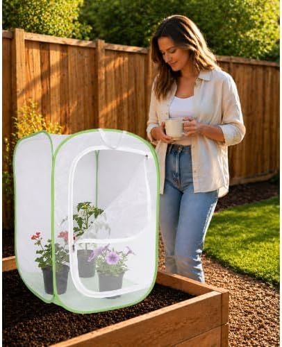 Mesh Plant Protection Cage - Pop Up Garden Net Enclosure with Zipper Door - Breathable Plant Cover Tent for Vegetables, Flowers, Herbs and Potted Plants - 24 x 24 x 36 Inch