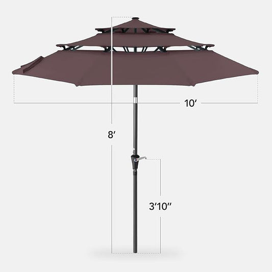 Best Choice Products 10ft 3-Tier Market Patio Umbrella, Outdoor Sun Shade with Tilt, Crank Lift, 8 Ribs for Backyard, Deck, Poolside – Deep Taupe