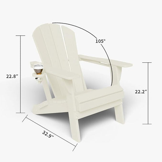 Folding Adirondack Chair with Cup Holders, HDPE Plastic Outdoor Chairs, Weather Resistant, Real Wood Look for Patio, Deck, Fire Pit, Backyard, White