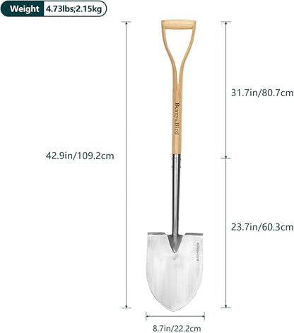 Berry&Bird Shovels for Digging, 43’’ Round Spade Heavy Duty Shovel with Wooden D Handle Stainless Steel Snow Shovel Garden Shovel Yard for Transplanting & Outdoor
