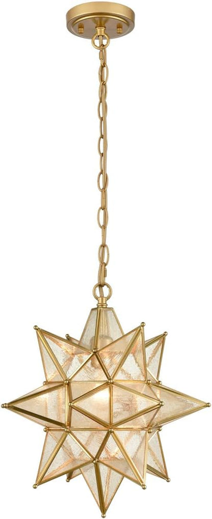 DIRYZON Modern Gold Moravian Star Pendant Light for Kitchen Island 16-Inch Hanging Ceiling Light Seeded Glass Single Pendant Light with Chain