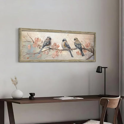 Vintage Bird Framed Wall Art: Rustic Chickadee Wooden Painting Colorful Cute Sparrow Picture Pink Flower Branch Prints Countryside Artwork Decor for Living Room Bedroom Farmhouse