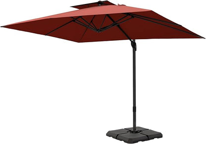 PHI VILLA 9' X 12' Cantilever Patio Umbrella with Base, Outdoor Large Rectangular Umbrellas with 360°Rotation, Heavy Duty Hydraulic Double Umbrella Windproof for Outside, Red
