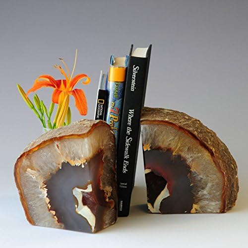 JIC Gem Natural Geode Bookends Decorative Agate Book Ends Stone Book Ends Holders for Shelves with Rubber Bumpers (1 Pair, 3-4 LBS)