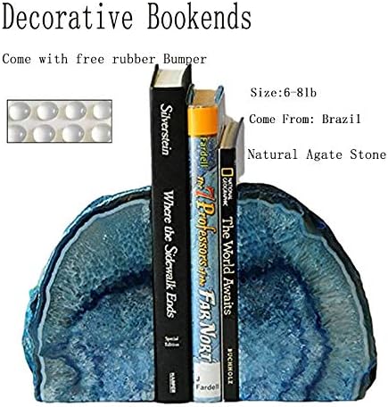 JIC Gem Agate Bookends Dyed Blue Book Ends for Heavy Books Geode Bookends for Bookshelf Decor Cute Stone Bookends with Rubber Bumpers for Office Décor and Home Decoration(1 Pair,6 to 8 Lbs)