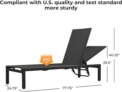 Grand patio Outdoor Chaise Lounge Set of 2 Mesh Sling Lounge Chairs with Woodgrain Texture, Portable Wheels & 4 Adjustable Reclining Backrest Positions for Poolside Beach 2PCS, Black