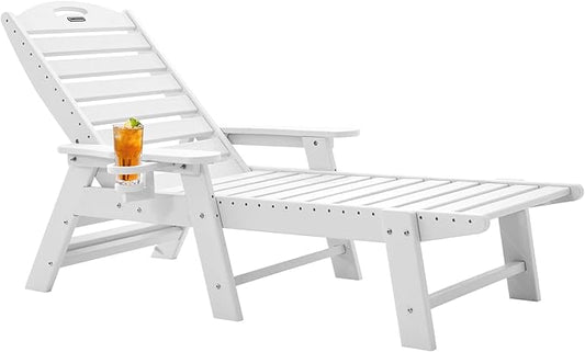 Ciokea Chaise Lounge for Outdoor, Patio Lounge Chairs for Outside, Chaise Lounge Chair with 6 Positions, HDPE Lounge Chair with Cup Holder for Pool Poolside Deck Backyard Lawn,White