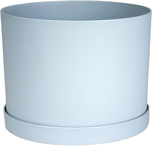 Bloem Mathers 8" Misty Blue Round Modern Resin Garden Planter Pot with Drainage Holes and Removable Saucer Tray Included