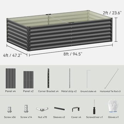 COMHOMA Galvanized Raised Garden Bed,8x4x2ft Large Metal Planter Box for Outdoor Vegetables,Corrugated Steel Herbed Plants Container,Extra Deep Gardeners Kits with Open Bottom