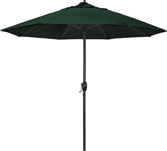 California Umbrella 9' Rd Aluminum Patio Umbrella, Crank Lift, Auto Tilt, Black Finish, Sunbrella Forest Green