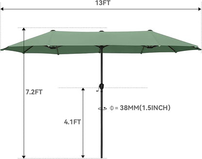 GREEN PARTY 13ft Rectangle Patio Umbrella, Double Sided Outdoor Table Umbrella with Crank & 1.5" Pole, Large Market Umbrella for Poolside Garden Deck Backyard, Mint