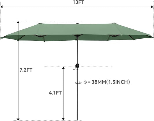 GREEN PARTY 13ft Rectangle Patio Umbrella, Double Sided Outdoor Table Umbrella with Crank & 1.5" Pole, Large Market Umbrella for Poolside Garden Deck Backyard, Mint