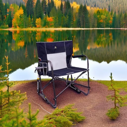 GCI OUTDOOR Freestyle Rocker with Side Table Camping Chair | Portable Folding Rocking Chair with Solid, Durable Armrests, Drink Holder & Comfortable Backrest — Heathered Indigo