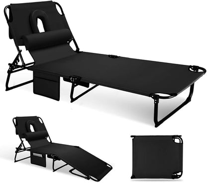 3-in-1 Sun Tanning Chair with Face Holes, Folding Chaise Lounge Chairs, 5-Position Adjustable Lounge Chair Outdoor with 2 Side Pocket & Pillow, for Pool Beach, Patio, Camping, Black