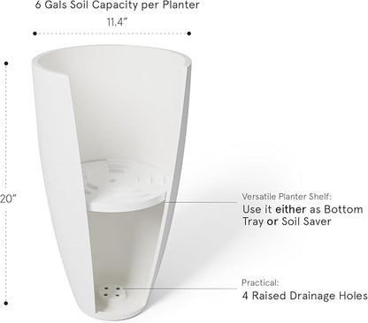 LA Jolie Muse 20 inch Round Tall Planter,Indoor/Outdoor White Planter with Drainage Holes and Trays,Modern Large Flower Pot for Front Door,Balcony and Garden Patio Deck,Pack 1