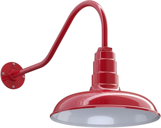 Steel Lighting Co. Topanga Barn Light | Outdoor Wall Mounted | Farmhouse Garage Light Made in America | 14 inch Dome | 23 inch Gooseneck | Red Exterior/White Interior