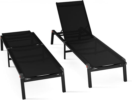 Aluminum Chaise Foldable Patio Lounge Chair Outdoor, Metal Deck Lounger Adjustable 5-Position Recliner Pool Chase Breathable Full Flat Outside Sun Tanning Chairs for Beach/Poolside/Lawn(Black, 2 Pack)
