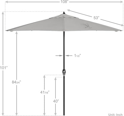 California Umbrella 9' Rd Aluminum Patio Umbrella, Crank Lift, Auto Tilt, Black Finish, Sunbrella Granite