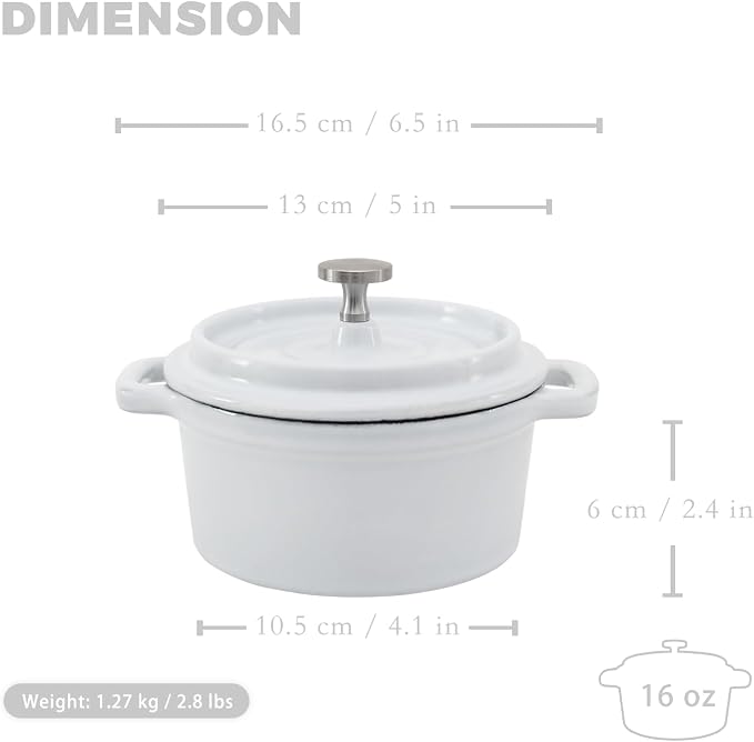Flavehc Mini Cocotte 16 oz Mini Dutch Oven 0.5 qt. Cast Iron Garlic Roaster for Oven Garlic Confit Pot Ramekins with Lids Oven Safe Set of 2, White