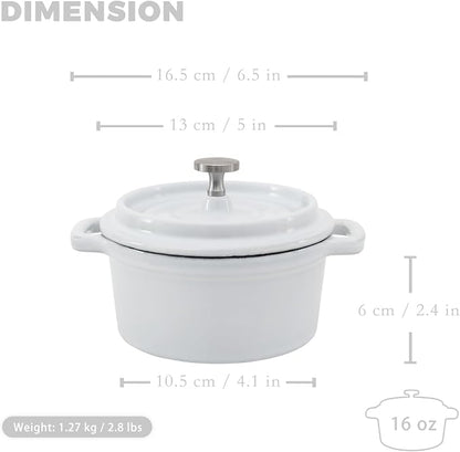 Flavehc Mini Cocotte 16 oz Mini Dutch Oven 0.5 qt. Cast Iron Garlic Roaster for Oven Garlic Confit Pot Ramekins with Lids Oven Safe Set of 2, White