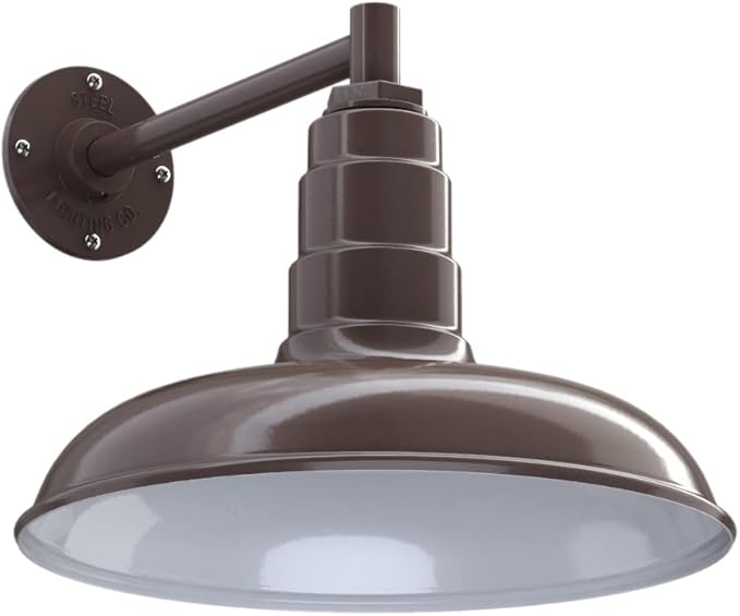 Steel Lighting Co. Topanga Barn Light | Outdoor Wall Mounted | Farmhouse Garage Light Made in America | 14 inch Dome | 11 inch Straight Arm | Dark Bronze Exterior/White Interior