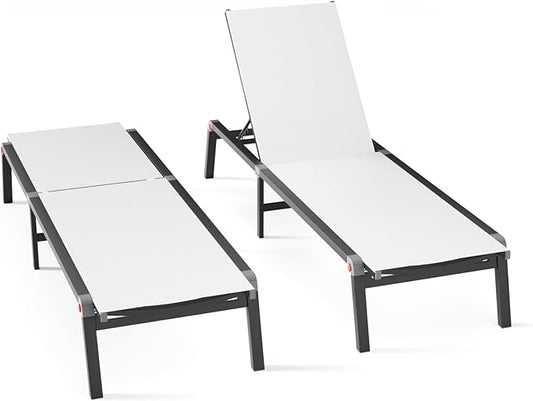 Aluminum Chaise Foldable Patio Lounge Chair Outdoor, Metal Deck Lounger Adjustable 5-Position Recliner Pool Chase Breathable Full Flat Outside Sun Tanning Chairs for Beach/Poolside/Lawn(White, 2Pack)
