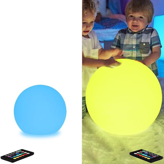 6-in LED Globe Orb Light for Kid, 16 RGB Colors Changing Orb Night Light w/Remote (1PC) and 16-in Cordless LED Glowing Ball Light, Waterproof Indoor/Outdoor LED Globe Orb Light w/Remote (1PC)