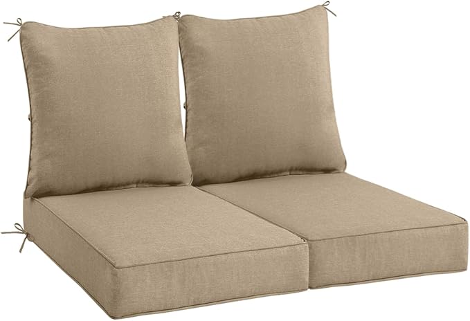 Sundale Outdoor Olefin Deep Seat Cushion Set of 2, Patio Chair Cushion and Pillow, Water-Resistant Sectional Sofa Pad with Straps Khaki, 23 x 26 x 4 Inches