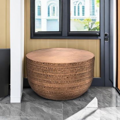 SIMPLIHOME Johnsen Metal Coffee Table - 30 inch Wide Solid Metal Round Drum Accent Table in Antique Copper, Boho Coffee Table for Living Room or Bedroom with Textured Design, Assembled