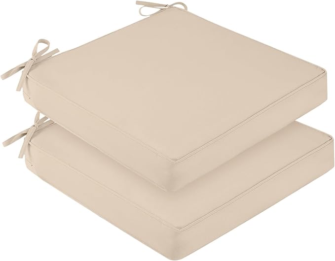 downluxe Waterproof Outdoor Chair Cushions for Patio Furniture, 22" x 22" x 3" Patio Chair Cushion with Adjustable Ties & Portable Handle, Square Outdoor Cushion with Removable Cover, Beige, 2 Pack