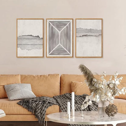 CHDITB Abstract Modern Framed Canvas Wall Art Set, Geometric Line Textured Wall Decor, Minimalist Neutral Wall Painting, Beige Black Art Prints for Living Room, Bedroom, Office - Large Size 16"x24"x3