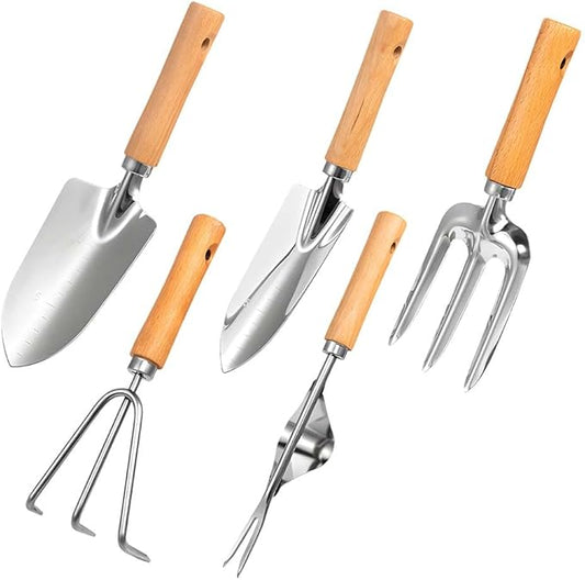 Gardening Tools 5 Piece Heavy Duty Rust Resistant Set, Premium Stainless Steel Yard Work Kit with Ergonomic Wooden Handles, Vintage Floral Tote Bag Storage, Planting Gifts for Women (A)