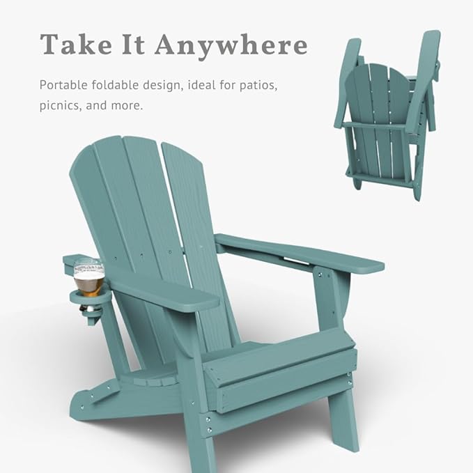 Folding Adirondack Chair with Cup Holders, HDPE Plastic Outdoor Chairs, Weather Resistant, Real Wood Look for Patio, Deck, Fire Pit, Backyard, Aruba Blue