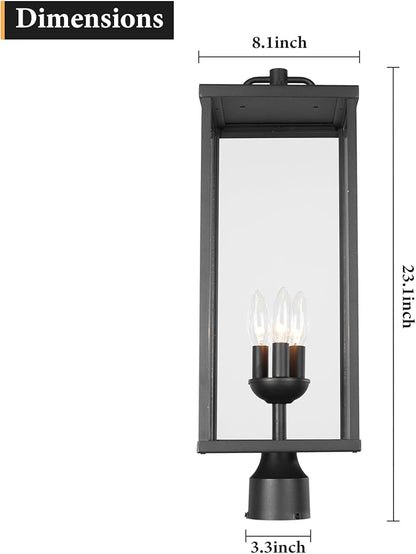 Outdoor Post Light Fixture, Modern Exterior Square Pillar Lantern with Black Finish & Clear Glass, Transitional Pier Mount Lamp, Pole Light for Garden, Backyard, Patio, Pathway, RZ008L-P