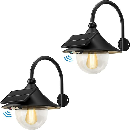 Auzev Solar Lanterns Lights Outdoor Solar Barn Light with 3 Lighting Modes, Motion Sensor LED Retro Wall Mount Waterproof Dusk to Dawn Outside Lighting for Farmhouse, Patio, Garden,Shed (Black-2Pack)